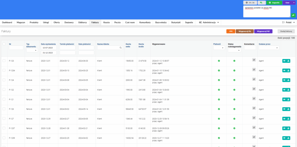 CRM z modułem faktur - panel główny z listą dokumentów i podsumowaniem rozliczeń